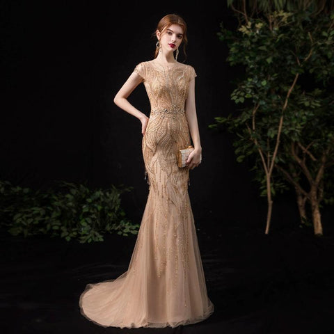 Robe de soirée sirène pour femme, robe de soirée longue et sexy, ornée de perles 