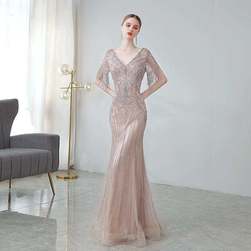 Vestido de noche largo de sirena para mujer, vestido de fiesta largo con escote en V y cuentas. 