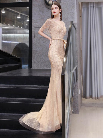 Robe de soirée sirène longue à col en V pour femme, robe de bal perlée 