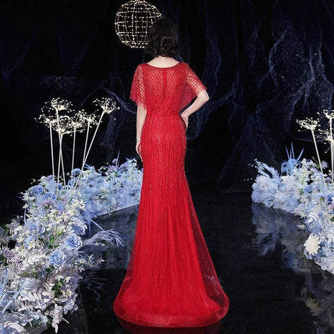 Women's V-Neck Evening Dress Sexy Prom Dresses Beaded Formal Dresses for Women