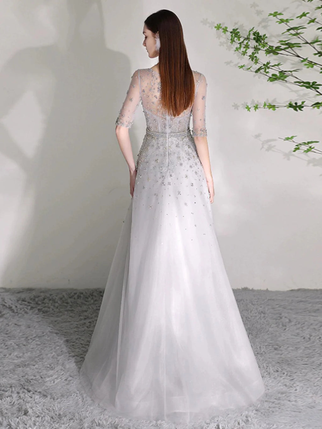 Women's A-Line Evening Dress Beaded Sexy Prom Dresses Half Sleeve Formal Dresses for Women