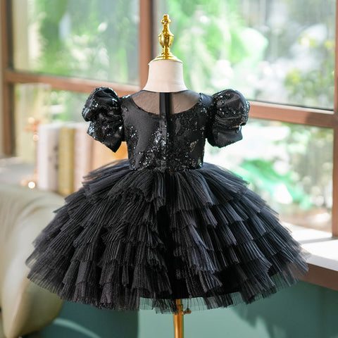 Vestido negro de lentejuelas para fiesta de primer cumpleaños de niña pequeña 