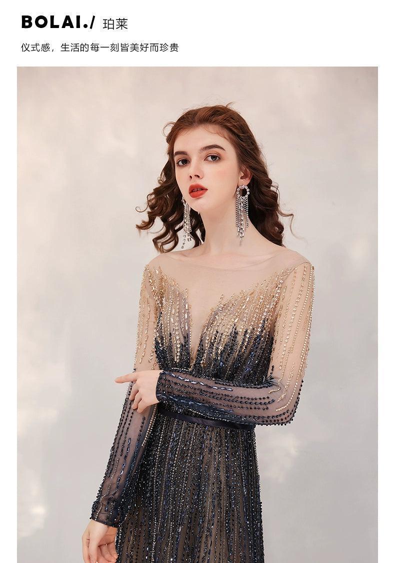 Vestidos de fiesta de corte A, sexys, de manga larga, de noche, con cuentas, formales, para mujer 