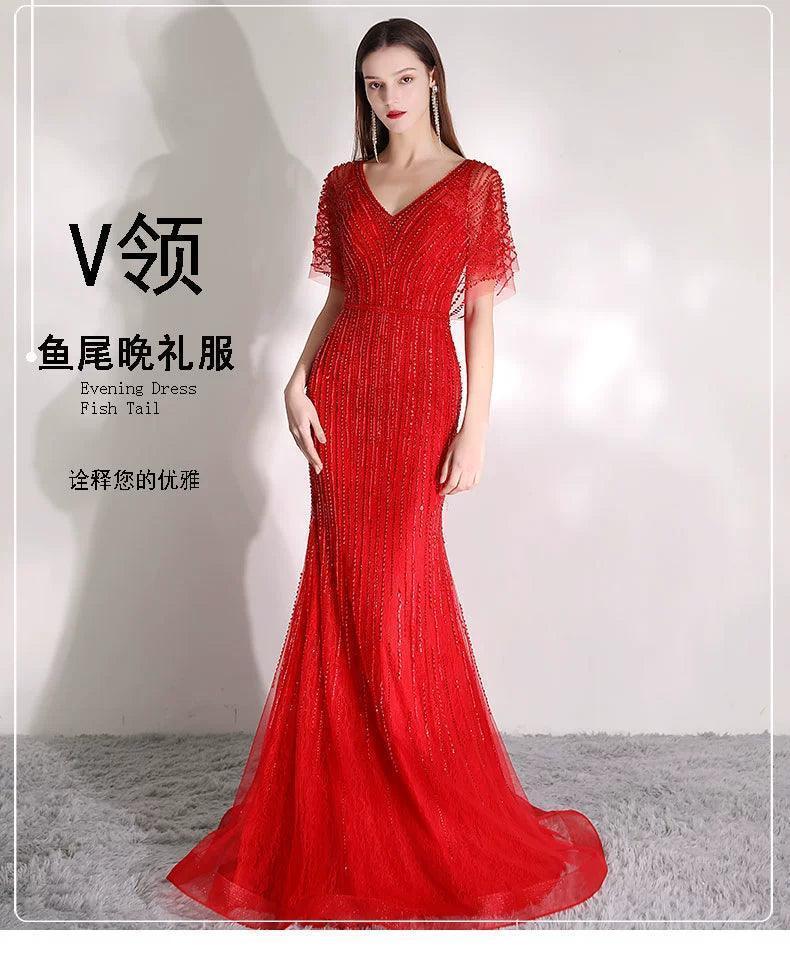 Women's Mermaid Evening Dress Long Sexy Prom Dresses Beaded V-Neck Formal Dresses