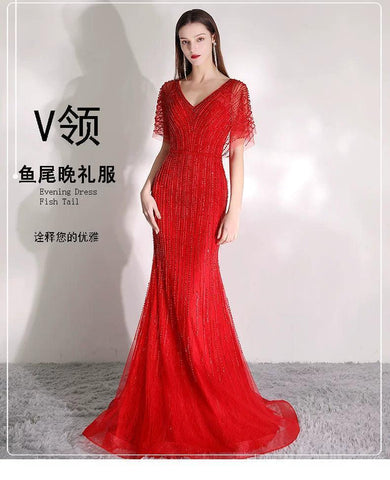 Robe de soirée sirène longue et sexy pour femme, tenue de bal avec perles et col en V 