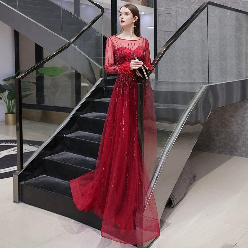 Women's A-Line Evening Dress Sexy Prom Dresses Long Sleeve Beaded V-Neck Formal Dresses