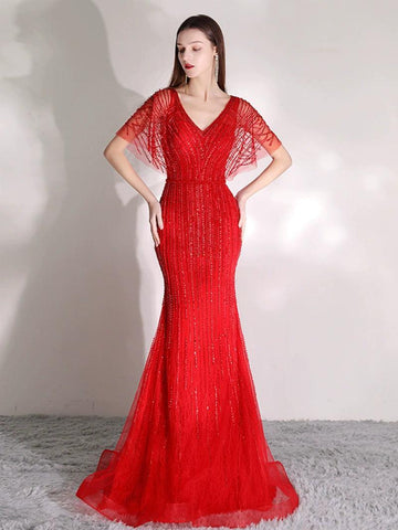 Robe de soirée sirène longue et sexy pour femme, tenue de bal avec perles et col en V 