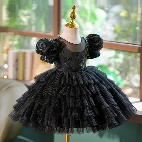 Vestido negro de lentejuelas para fiesta de primer cumpleaños de niña pequeña 