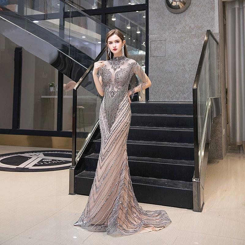 Robe de soirée sexy pour femme 2024, style sirène, sans manches, longue robe de soirée perlée 