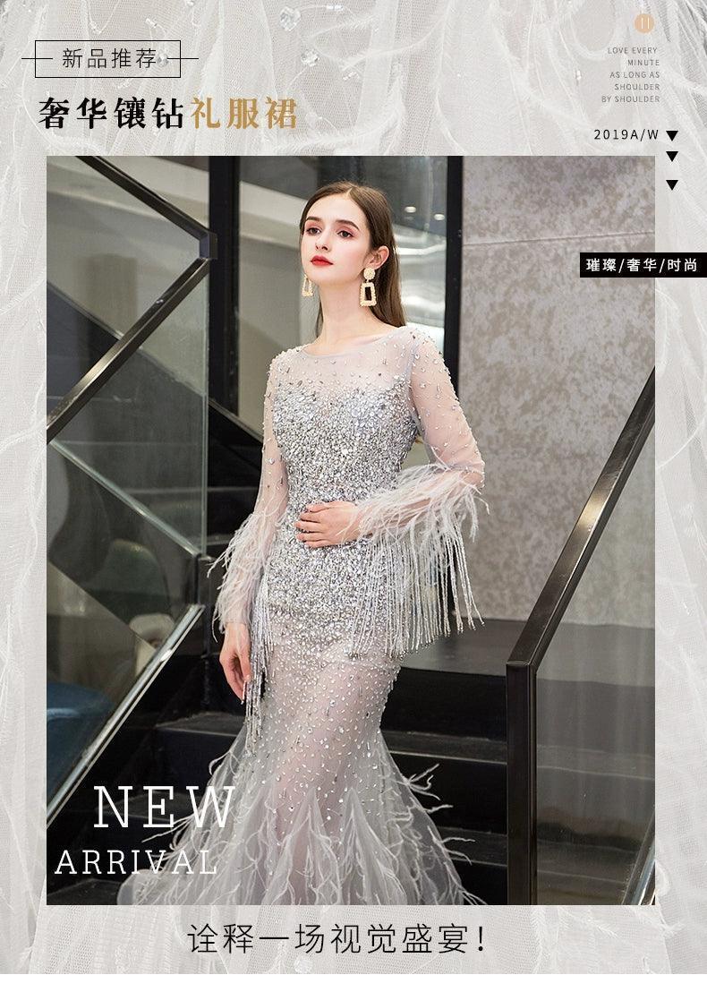 Women's Mermaid Evening Dress Long V-Neck Prom Dresses Beaded Formal Dresses