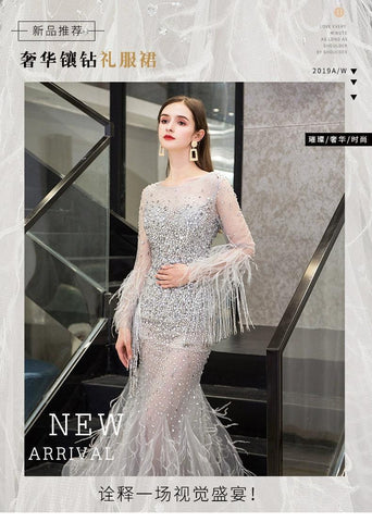 Women's Mermaid Evening Dress Long V-Neck Prom Dresses Beaded Formal Dresses