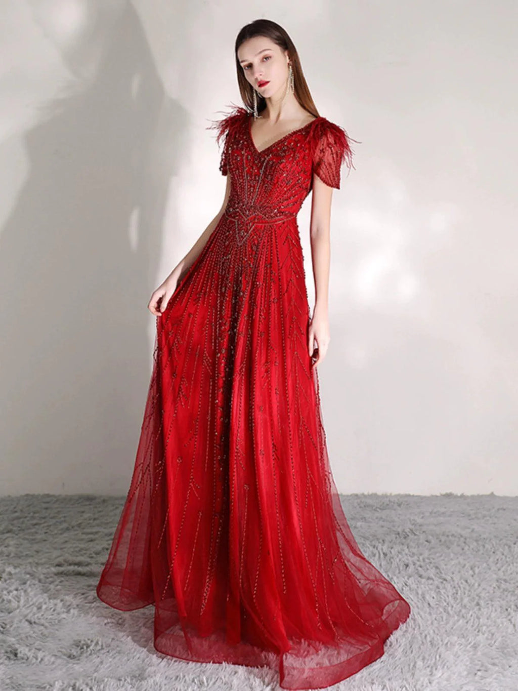 Women's A-Line Prom Dresses Long Evening Dress Beaded V-Neck Formal Dresses for Women