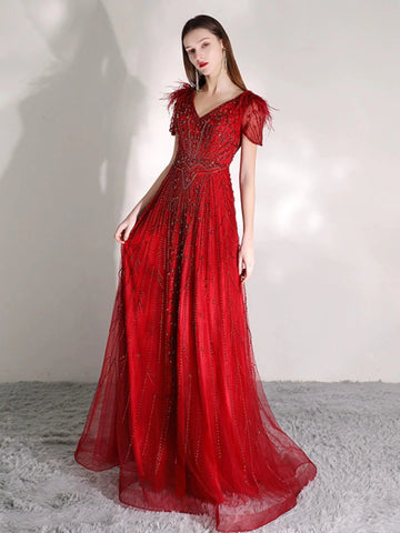 Robe de soirée longue trapèze à col en V et perles pour femme 