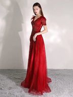 Women's A-Line Prom Dresses Long Evening Dress Beaded V-Neck Formal Dresses for Women