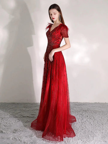 Robe de soirée longue trapèze à col en V et perles pour femme 