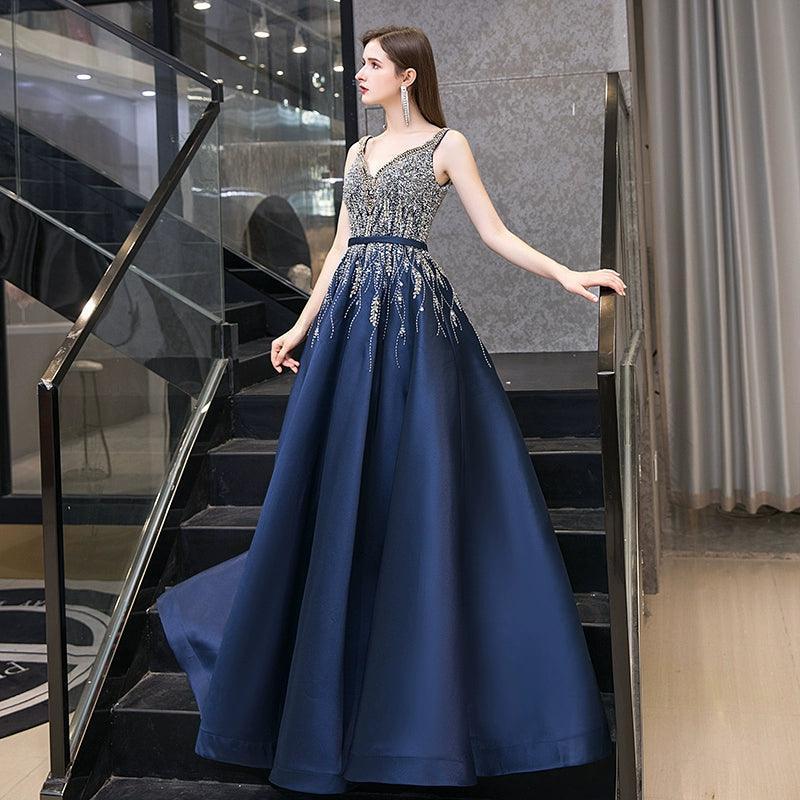 Robe de soirée longue à col en V pour femme, robe de bal perlée 