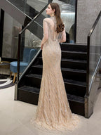 Robe de soirée sexy pour femme 2024, style sirène, sans manches, longue robe de soirée perlée 