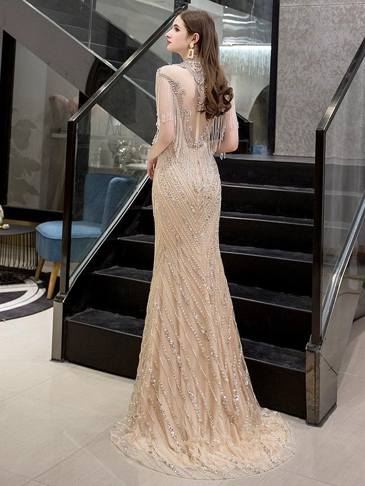 Robe de soirée sexy pour femme 2024, style sirène, sans manches, longue robe de soirée perlée 