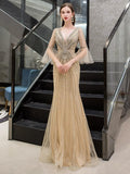 Women's Mermaid Evening Dress V-Neck Prom Dresses Beaded Formal Dresses for Women