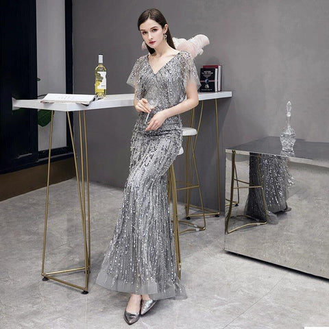 Robe de soirée sirène sexy pour femme, longue robe de soirée à col en V et perles 