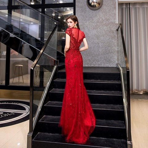 Vestido de noche de sirena para mujer, vestido de fiesta sexy de encaje para mujer, vestido formal con cuentas 