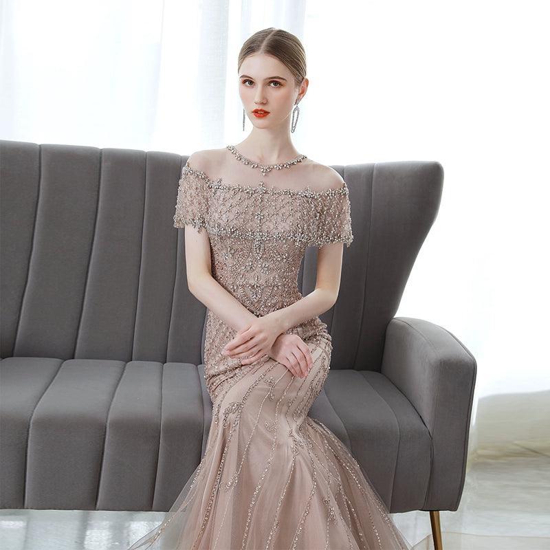 Robe de soirée longue sirène pour femme, robe de bal perlée 