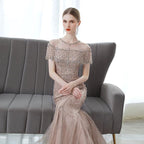 Robe de soirée longue sirène pour femme, robe de bal perlée 