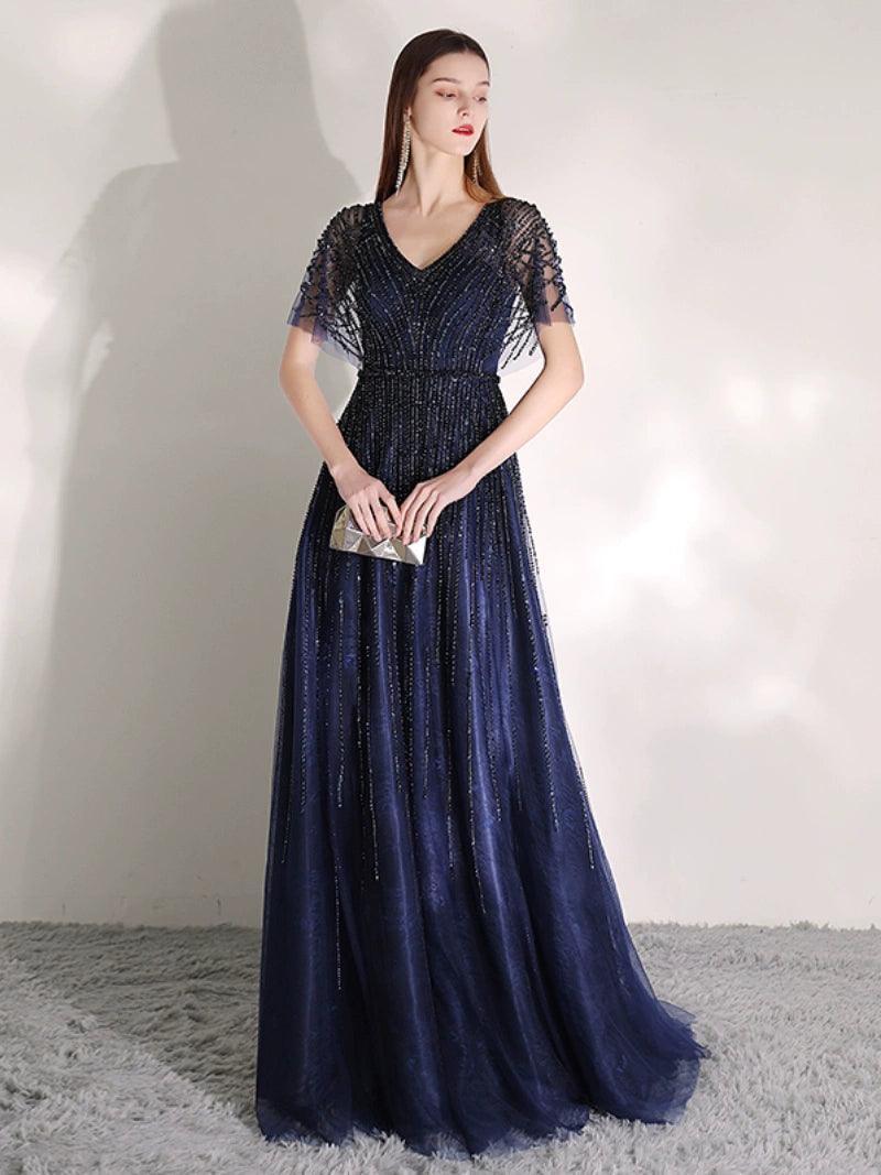 Women's A-Line Evening Dress Beaded Prom Dresses Long V-Neck Formal Dresses for Women