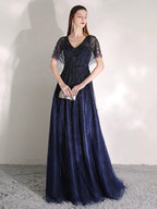 Women's A-Line Evening Dress Beaded Prom Dresses Long V-Neck Formal Dresses for Women