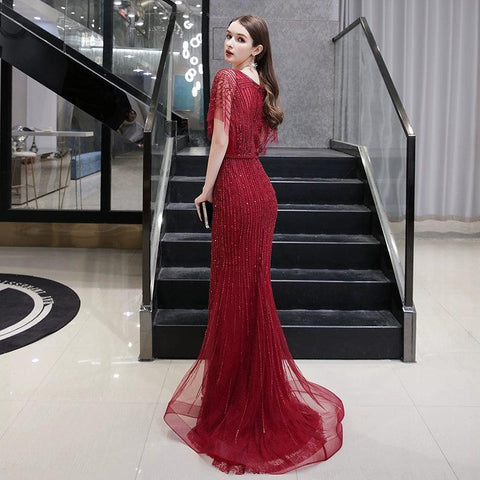 Robe de soirée sirène sexy pour femme, longue, col en V, robe de soirée perlée 