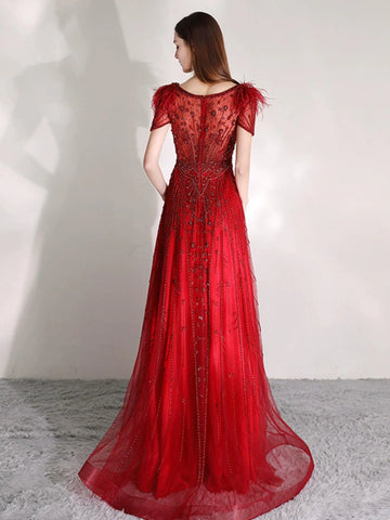 Robe de soirée longue trapèze à col en V et perles pour femme 