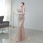Robe de soirée longue sirène pour femme, robe de bal perlée 