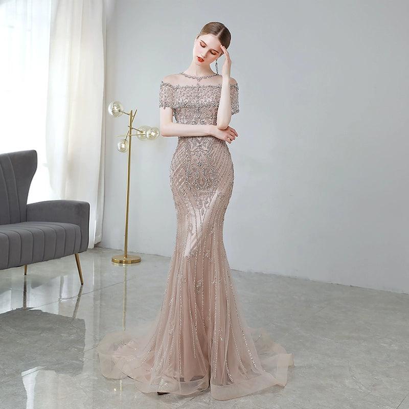 Robe de soirée longue sirène pour femme, robe de bal perlée 