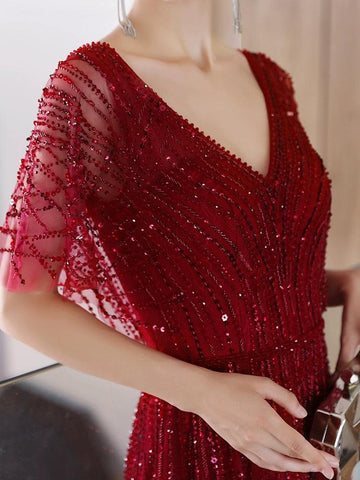 Robe de soirée trapèze sexy à col en V pour femme, tenue de bal ornée de perles 