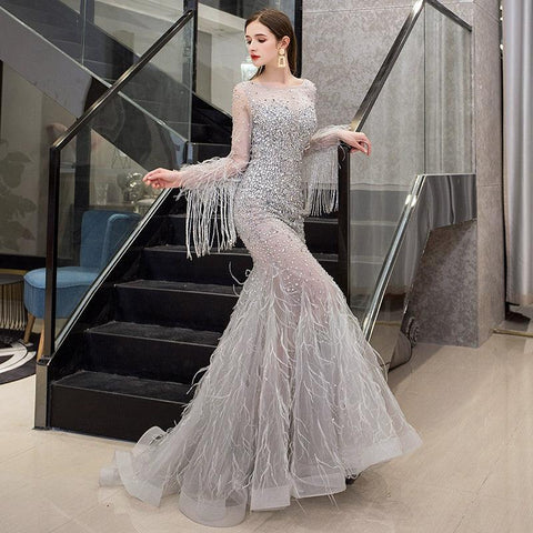 Women's Mermaid Evening Dress Long V-Neck Prom Dresses Beaded Formal Dresses
