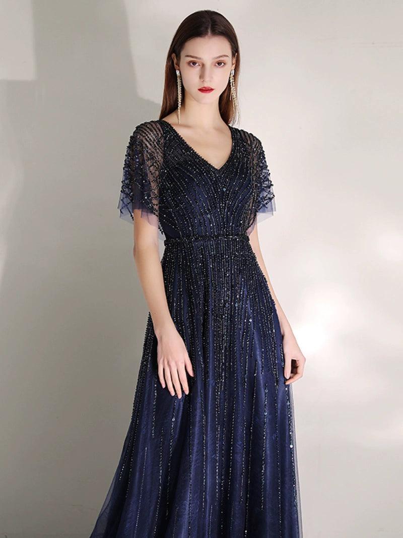 Women's A-Line Evening Dress Beaded Prom Dresses Long V-Neck Formal Dresses for Women