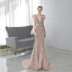 Vestido de noche sexy para mujer, estilo sirena con cuentas, vestido largo de fiesta con escote en V. 