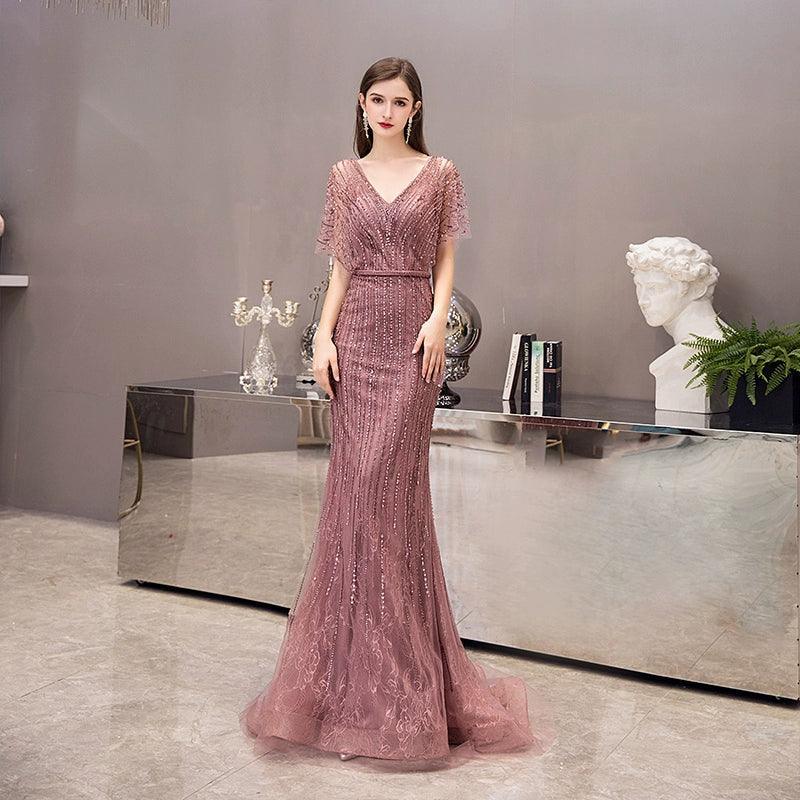 Vestido de noche de sirena para mujer, vestido largo de fiesta con escote en V y cuentas, estilo formal, sexy y largo, para mujer. 