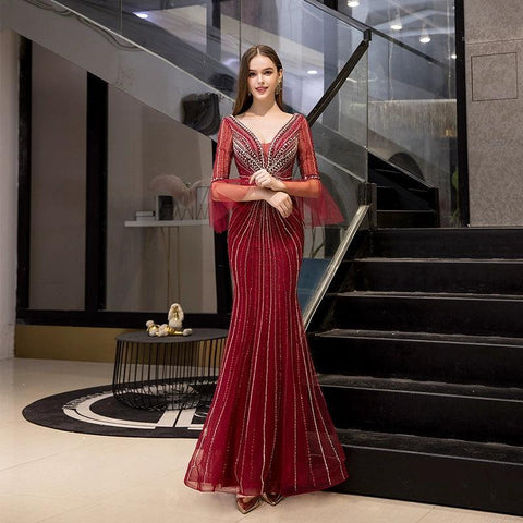 Robe de soirée sirène longue à col en V pour femme, robe de bal perlée 