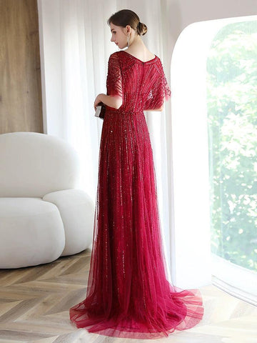 Robe de soirée trapèze sexy à col en V pour femme, tenue de bal ornée de perles 