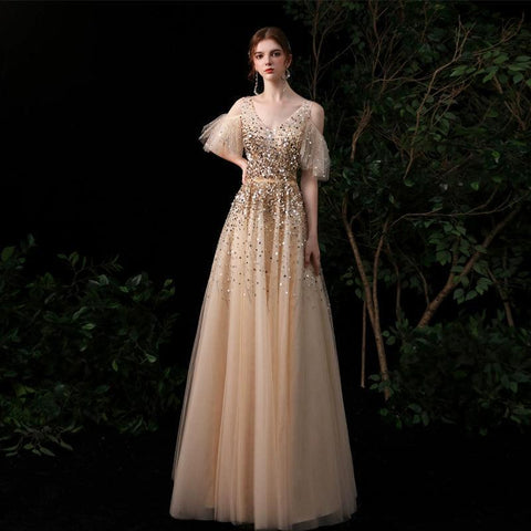 Robe de soirée trapèze sexy pour femme, col en V, perles, robe de bal 