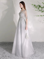 Women's A-Line Evening Dress Beaded Sexy Prom Dresses Half Sleeve Formal Dresses for Women