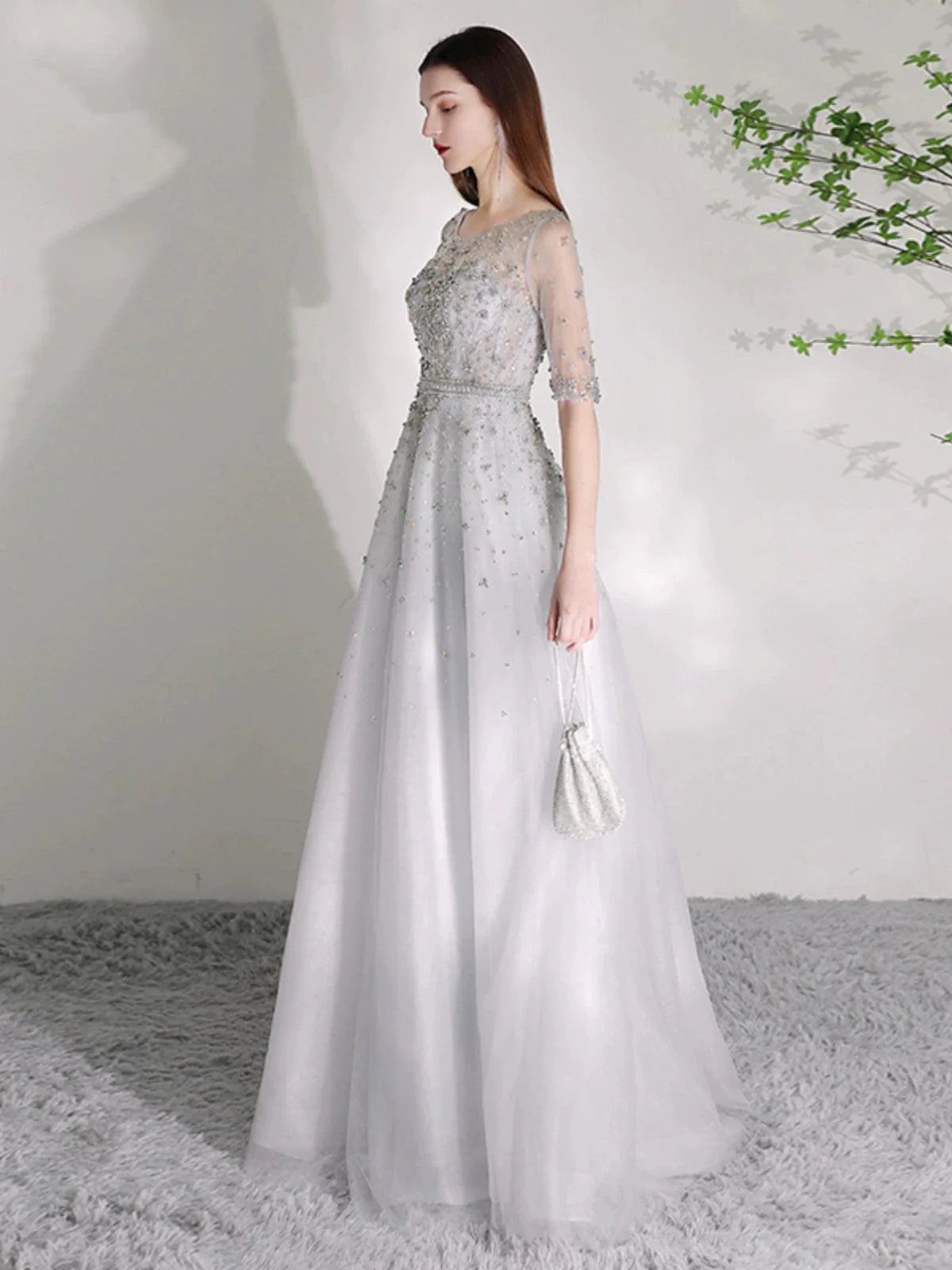 Women's A-Line Evening Dress Beaded Sexy Prom Dresses Half Sleeve Formal Dresses for Women
