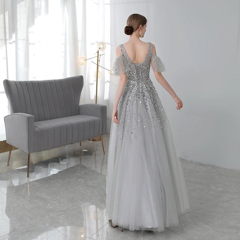 Vestidos de noche de corte A para mujer, vestidos de fiesta sexys para mujer, vestidos formales con escote en V y cuentas 