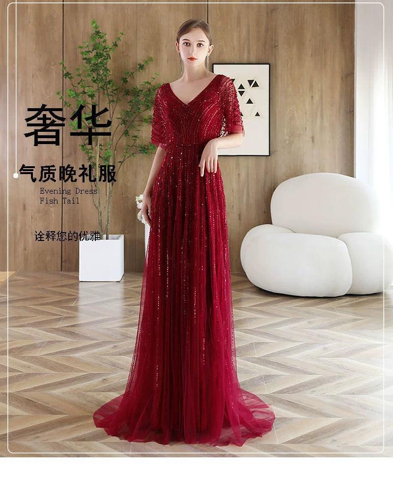 Vestido de noche de corte A para mujer, vestido de fiesta sexy con escote en V, vestido formal con cuentas para mujer 