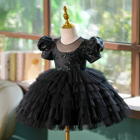 Vestido negro de lentejuelas para fiesta de primer cumpleaños de niña pequeña 