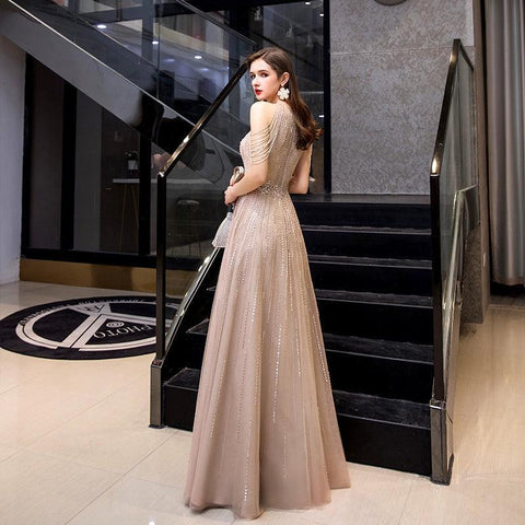 Women's A-Line Prom Dresses Sleeveless Sexy Evening Dress Beaded Formal Dress for Women