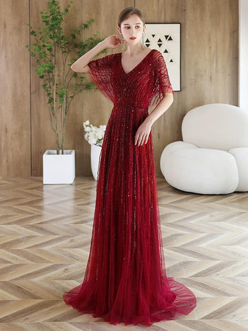 Robe de soirée trapèze sexy à col en V pour femme, tenue de bal ornée de perles 