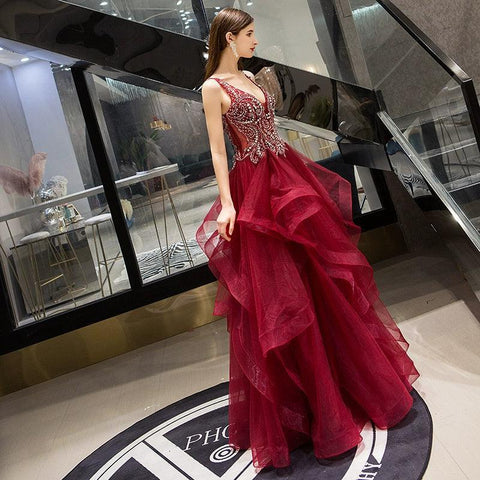 Robe de soirée trapèze sexy à col en V pour femme, tenue de bal ornée de perles 