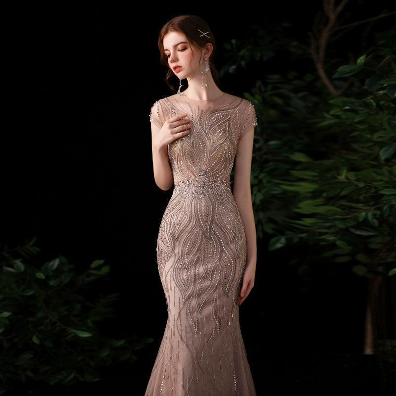 Robe de soirée sirène longue et sexy pour femme, sans manches, avec perles 